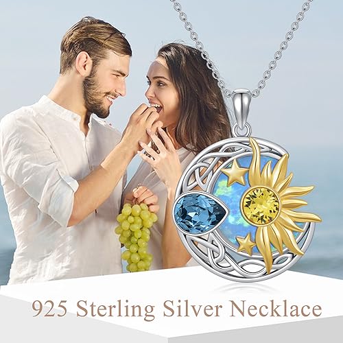 AOBOCO 925 Sterling Silver Moon Sun Star Necklace Celtic Jewelry for Women Girls - color: Silver&Gold&Light Blue Opal