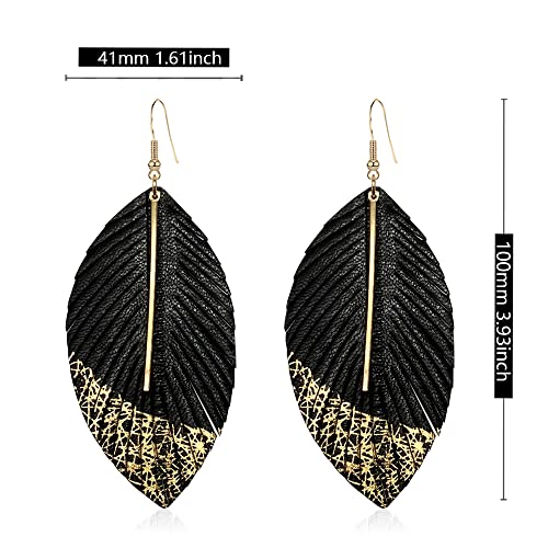Bohemian Handmade Lightweight Color Large Genuine Soft Leather Fringe Feather Leaf Tear Dangle Drop Earrings for Women Statement - color: 2-Black