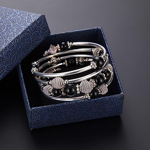 PEARL&CLUB Beaded Chakra Bangle Turquoise Bracelet - Fashion Jewelry Wrap Bracelet with Thick Silver Metal and Mala Beads, Birthday Gifts For Women - color: Black