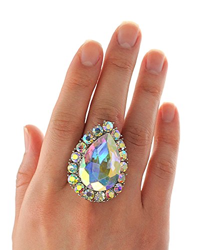NYFASHION101 Radiant Teardrop Stone Adjustable Cocktail Statement Ring - color: Aurora Borealis/Silver-Tone