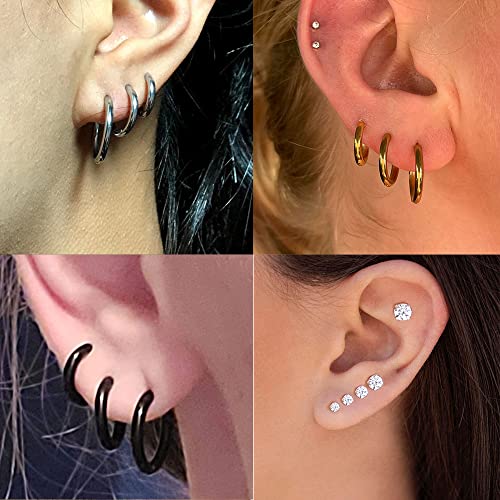 Surgical Stainless Steel Stud Earrings Hoop Earrings for Women Men 14K Gold Plated Hypoallergenic Cartilage Earrings Flat Back CZ Earrings Set Dainty Multiple Piercing Pack of 8 Pairs - color: Ball back (Silver)