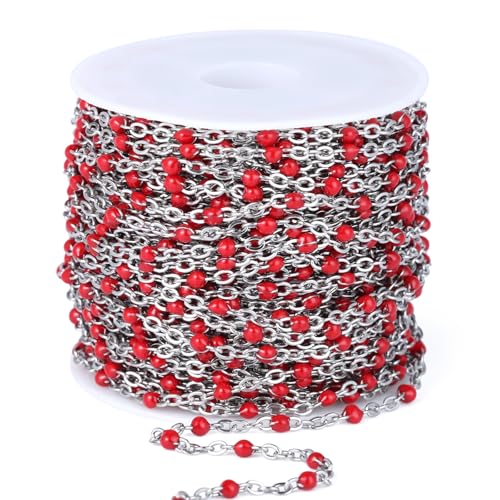 33FT 2mm Stainless Steel Red Enamel Link Chain Bulk Roll for Jewelry Making | 304 Stainless Steel Enamel Beaded Cable Chains Roll Spool for Necklace Bracelet Craft - color: Stainless Steel Red Beads