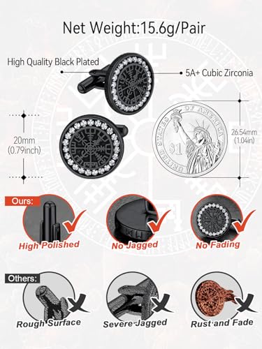 FaithHeart Mens Cufflinks, Norse Viking Tuxedo Shirt Cuff Links, Stainless Steel Cuff Links and Shirt Studs, Gift Box - style: 01. Compass CZ-Black