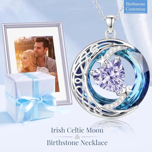 Birthstone Necklace for Women Crystal Moon and Star Pendant White Gold Celtic Moon Jewelry Birthday Graduation Gifts for Wife Her - style: Moon-6