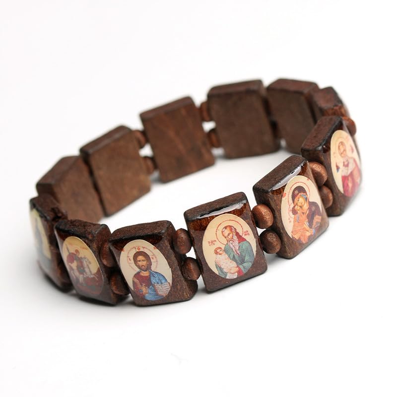 1PC Stretch Bracelet, With Black Wooden Beads & Religious Icon Charms, Orthodox Style, Wrist Accessory (Black)