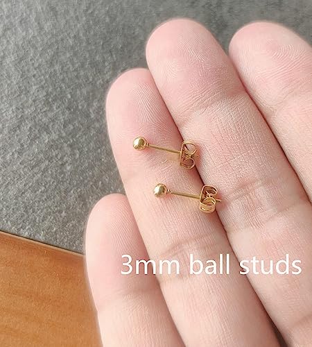 6Pairs 2mm/3mm Surgical Steel Hypoallergenic Piercing Studs, 20G 14K Real Gold Filled Tiny Stud Earrings Set for Multiple Hole Piercing (Cubic Zirconia, Pearl, Ball) - style: L : 3MM, Gold Ball + Cubic Zirconia, 6 Pairs