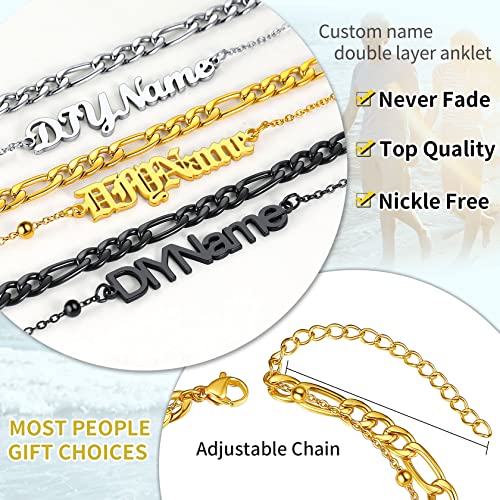 ChainsHouse Double Layer Anklet Bracelet for Women,Adjustable Chain Anklets Stackable Dainty Anklets,Stainless Steel/Gold Plated/Black Ankle Jewelry Gifts - color: B-Gold Plated-Figaro Chain