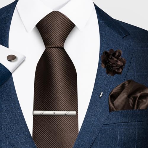 joy alice 30 Colors Solid Ties for Man Pure Color Men's Tie Set with Lapel Pin Pocket Square Tie Clip - color: Brown