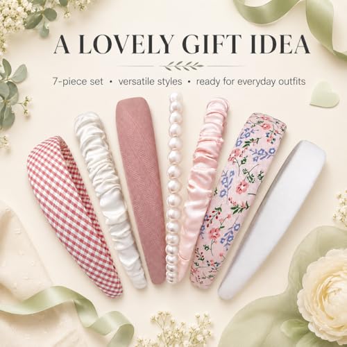 7 Pcs Cute Multi-style Headbands, Non Slip Pearl Floral Padded Wide Fashion Multi-style Headband for Women Girls