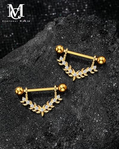 Nipple Shield Ring 316L Stainless Steel Nipple Piercing Jewelry 14G Flower Nipple Barbell for Women and Men - color: Gold