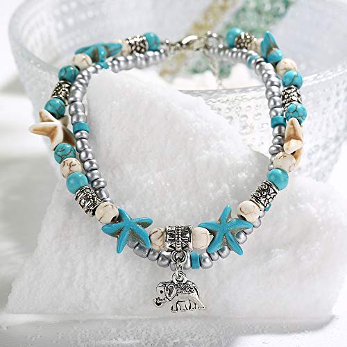 Softones Blue Starfish Turtle Anklet Multilayer Charm Beads Sea Handmade Boho Anklet Foot Jewelry for Women - style: J:Elephant