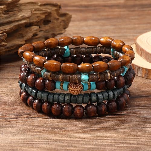 Wooden Beads Stretch Bracelet Multi-Layered Stretch Bracelet for Women Men Elastic Bracelet 5pcs - color: A-03