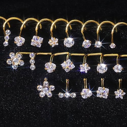 14k Gold Plated 316L Surgical Steel 22g/20g/18g Nose Rings Studs L-Shape Bone Screw Nostril Piercing 1.5mm 2mm 2.5mm 3mm 3.5mm 4.5mm CZ Nose Studs for Women - color: 20g 9pcs L Gold 316L Surgical Steel