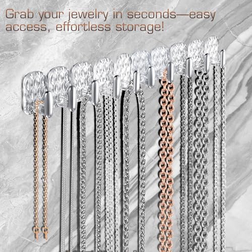 Gesodant 6 Pack Hanging Jewelry Organizer, Self-Adhesive Jewelry Hooks, Clear Wall Mounted Jewelry Hanger, Necklace Display Holder, 30 Hooks in Total