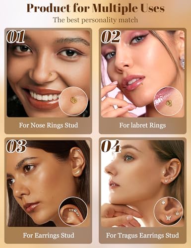 12Pcs 16G/18G Flat Back Cartilage Stud Earrings 18K Gold Plated Helix Stud Earrings for Women 316L Surgical Steel Internally Thread Hypoallergenic Labret Tragus Conch Lip Piercing Jewelry - color: Gold, size: 16G(1.2mm)