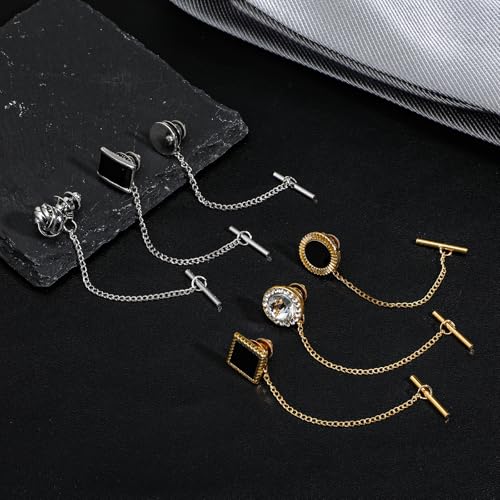 6Pcs Tie Tacks for Men Tie Pins with Chain Ties Clips Suit Accessories Tack Clutch Clasps for Regular Ties Wedding Anniversary Business Hat Birthday Party Gift