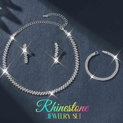 Rhinestone Bridal Wedding Jewelry Sets Silver Necklace Earrings Bracelet Set Prom Formal Costume Jewelry Set for Women and Brides - color: Silver