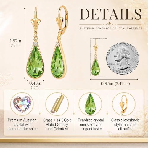 Teardrop Austrian Crystal Leverback Dangle Drop Earrings for Women | 14K Gold Plated,Classic Teardrop Elegance,Leverback for Easy Secure Wear,Gift Box Included, Brighten Up Daily and Party Looks - color: Fern Green