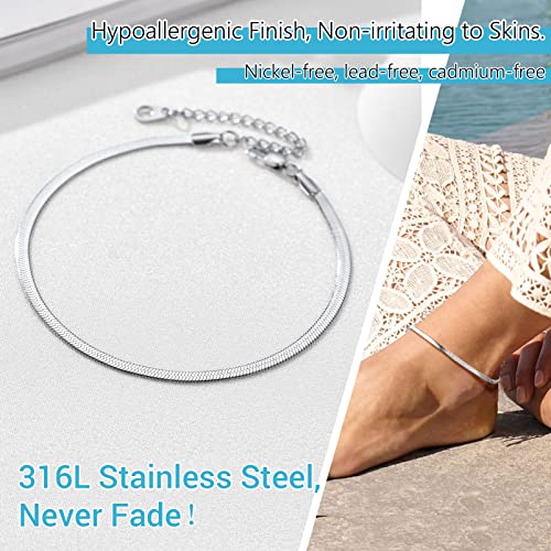 PROSTEEL 316L Stainless Steel Herringbone Flat Chain Bracelets/Anklets, Beautiful Summer Jewelry, Black/Yellow Gold/Rose Gold Plated, 6.3inch/8.5inch Adjustable, Come Box - color: Silver