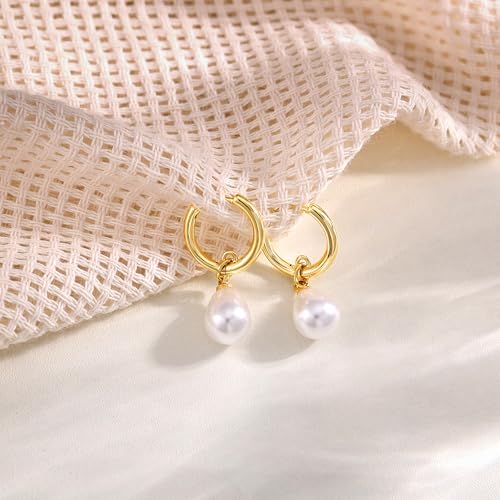 Robaice Pearl Earrings for Women, 14K Gold Plated Dangle Drop Earrings | Small Pearl Drop Huggie Hoop Earrings, Hypoallergenic Dainty Gold Earrings, Wedding Jewelry Gifts for Women Trendy - style: small drop pearl earrings