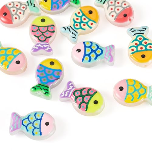 Cheriswelry 12Pcs Fish Lampwork Glass Beads Cute Fish Print Loose Spacer Beads Ocean Animal Bead 20x13mm for DIY Bracelet Necklace Earring Jewelry Making - color: 6 Color