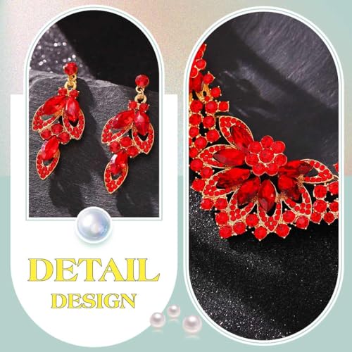 Yonamix Gold Jewelry Set Wedding Rhinestone Necklace Sets for Women | Formal Prom Dinner Party Gala Night Crystal Flower Necklaces Earrings - color: D Red