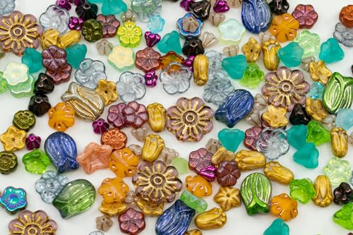 Bohemia Crystal Valley 1.4oz (40g) Summer Mix of Small Czech Glass Flower Beads, Hand Made Set Kit, Bell Flower, Tulip, Bud Beads - color: Flower Beads Mix