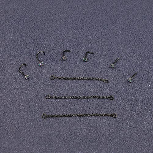 Nose Ring Chain Across Nose Black Stainless Steel Nostril Nose Piercing Chain with Cubic Zirconia Nose Screw Bone L-Shaped Ring for Women Body Piercing Nostril Jewelry with Bridge Chain - color: Black-Single Nose Chain Studs