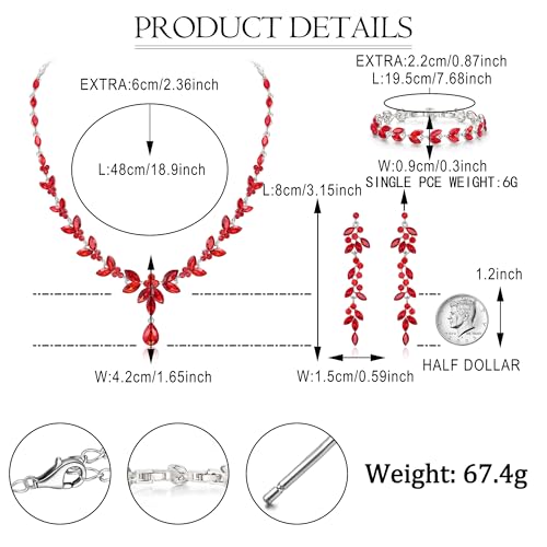 EVER FAITH Marquise Crystal Leaf Bridal Prom Jewelry Set for Women Bride | Rhinestone Wedding Party Necklace Dangle Earrings Tennis Bracelet, for Bridesmaid - color: Ruby Red