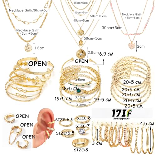 17IF 38-59 Pcs(9-8 Pack) Gold Plated Jewelry Set for Women With 8 Necklace 12 Bracelet 27 Ring 12 Pair Earring Hoop Simple Sparkle for Happy - style: Golden-59Pcs