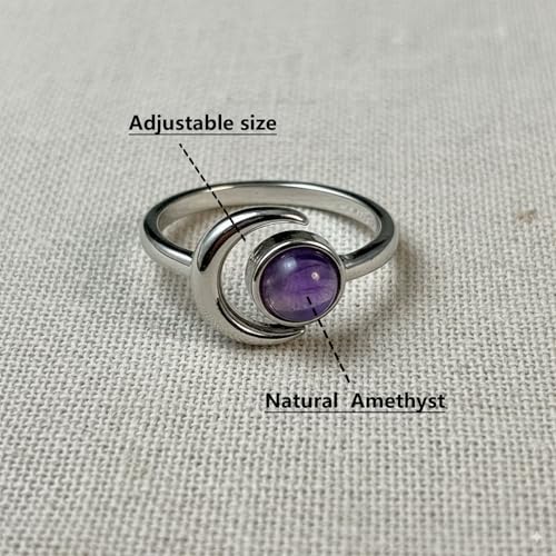 Sun and Moon Ring, Adjustable Natural Stone Rings for Women & Men, Boho Celestial Jewelry for Daily Wear - color: Amethyst