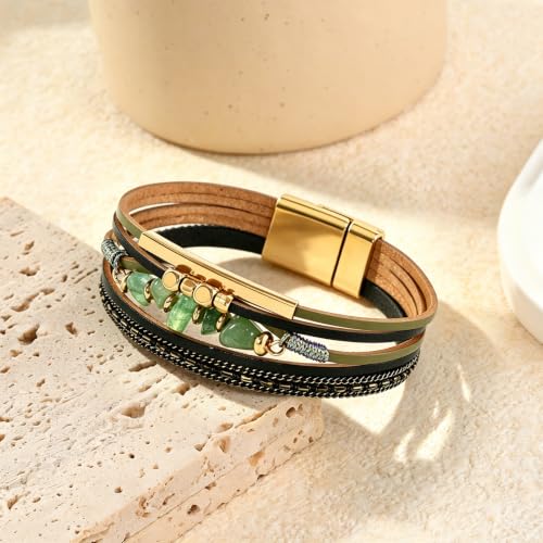 Wrapped Bracelets for Women,Leather Boho Bracelets for Women - color: Stone-Green
