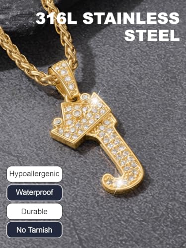U7 Crown Initial Necklace Men Women, Bling Diamond A-Z 0-9 Letter Pendant with Wheat Chain, Silver/Black/Gold Plated CZ Alphabet Number Hip Hop Jersery for Father Husband - color: a. Gold, size: 10. J