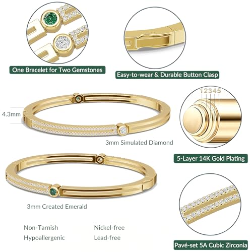 AuraLyric Gold Bracelets for Women, 14K Gold Plated Nail/Love/Emerald Green/Teardrop/Round White CZ Bangle Bracelets, Stackable Gold Bangles Non Tarnish, Gifts for Wife Mom Daughter 6.5 Inch - color: Green & White CZ - Round