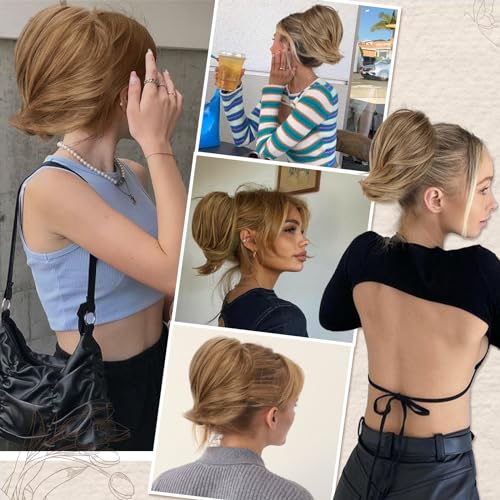 BARSDAR Brown Hair Bun Extensions - Synthetic Short Straight Ponytail Hair Bun Scrunchies - Elastic Messy Hairpieces Daily - Ash Brown Mixed - color: Ash Brown Mixed, size: 1 Count - Elastic