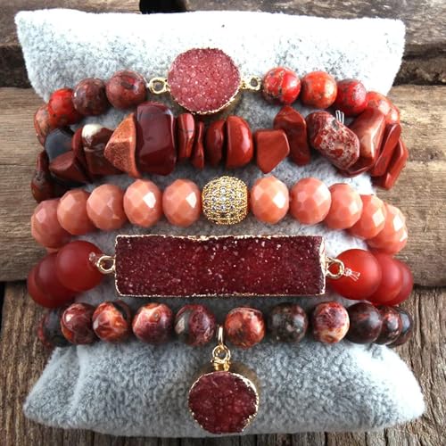 Yomisa 5PCS 6PCS Natural Boho Beaded Bracelets/Bangle for Women Men,Healing Turquoise Jasper Agate Crystal Gemstone Stone Chakra Multilayer Wrap Bohemian Handmade Jewelry Beads Stretch Bracelet Set - color: 5PCS-Red