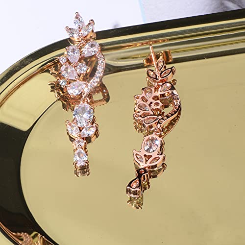 CZ Bridal Earrings for Wedding - 14k Plated Sterling Silver Elegant Teardrop Cubic Zirconia Crystal Rhinestone Floarl Leaf Cluster Chandelier Statement Dangle Drop Earrings for Bride Bridesmaids Party - color: Floral - Rose gold