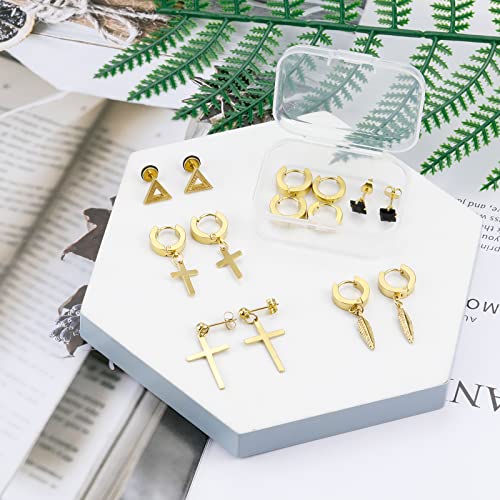 12 Pairs Black Stud Earrings Set for Men and Women - Stainless Steel Cross Jewelry Piercings - color: Gold
