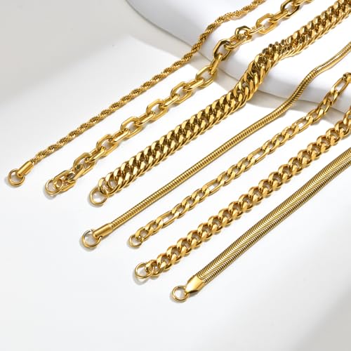 VNOX 5/7 Pcs Chain Bracelet for Men Women - Sturdy Stainless Steel Curb Width Cuban Link Chain Bracelet Set for Men Women,6.5/7/7.4/8.2/9 Inches - style: Gold Plated Link 2