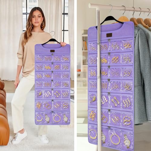 SMRITI Hanging Jewelry Organizer with Dual Zippered Pockets Canvas Double Sided Rotating Hanger Necklace Hanging Wall Organizer Earring Dustproof Holder Wall Mount Accessories Display Bag(Purple) - color: Purple