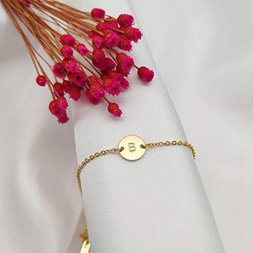 Ovian Initial Charm Bracelet for Women 18K Gold Plated stainless steel Coin Disc Engraved Letter Bracelet Personalized Monogram Name Bracelet - color: B