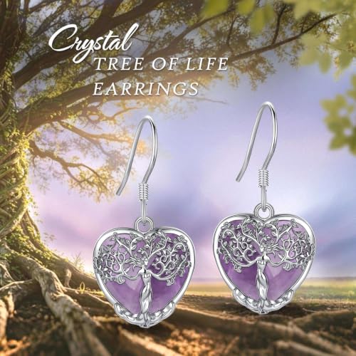 AEONSLOVE Tree of Life Crystal Earrings with Sterling Silver Ear Hooks, Dangle Drop Tree Earrings Gifts for Women - style: A01-Amethyst-Heart