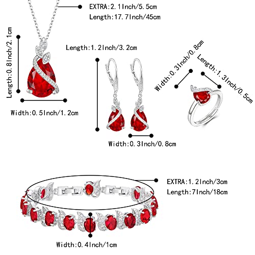 Jewelry Set for Bride, Sparkling Water Drop Cubic Zirconia Crystal Pendant Necklace Leverback Earrings Tennis Bracelet Adjustable Ring Gift for Wedding/Birthday/Mother's Day/Christmas - color: 04-Ruby Color Silver-Tone