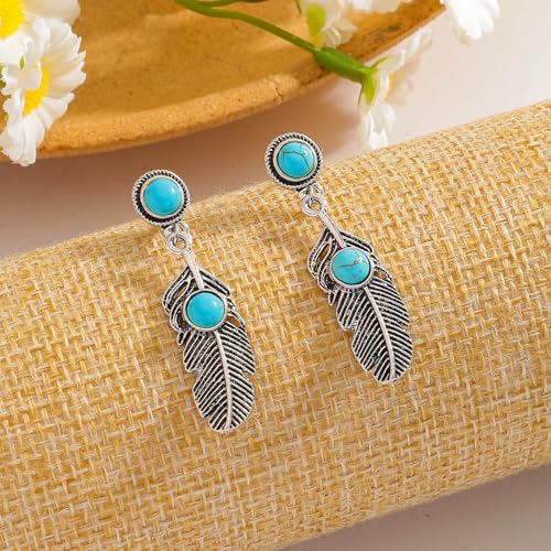 Vintage Silver Turquoise Feather Dangle Earrings for Women, Boho Western Retro Tribal Jewelry, Unique Gift for Bohemian Fashion Lovers