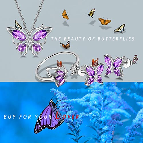 925 Sterling Silver Birthstone Butterfly Jewelry Women Crystal Animal Cute Butterflies Birthday Necklace/Earring/Ring/Bracelet Sets Birth Stone Statement Anniversary Jewellery - color: 2-B.February-Amethyst