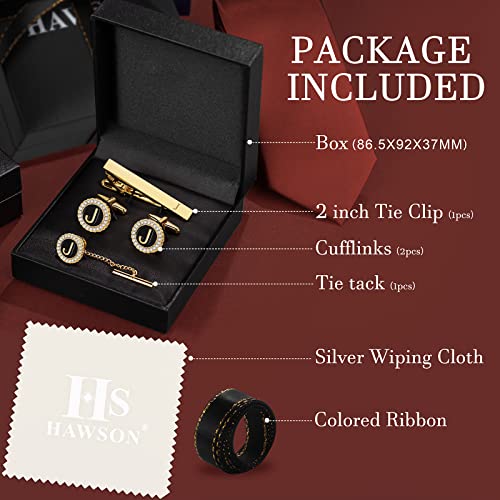 HAWSON Tie Clips, Cufflinks, Tie Tack & Lapel Pins for Men - Suitable for Neckties and French Cuff or Dress Shirt Suits - Jewelry Box Packed, Initials Designed - style: J-4pcs Sets