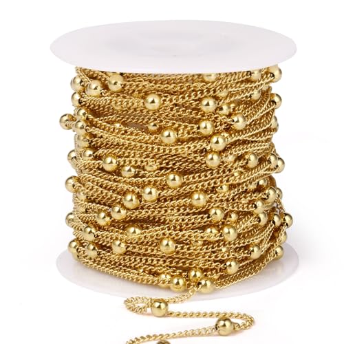33FT 2mm 18K Gold Plated Satellite Bead Chains Roll Bulk for Jewelry Making | 304 Stainless Steel Gold Ball Beaded Twisted Curb Link Chains Spool for DIY Craft - color: Gold Big Beads Satellite Curb Chain