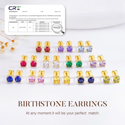 Small Birthstone Flat Back Stud Earrings for Women, 14K Real Gold Plated Hypoallergenic Earring Dainty CZ Cartilage Stud Earring Stack, Perfect Birthday Gifts for Women Her - color: 14K Gold Plated-01-January-Garnet Red