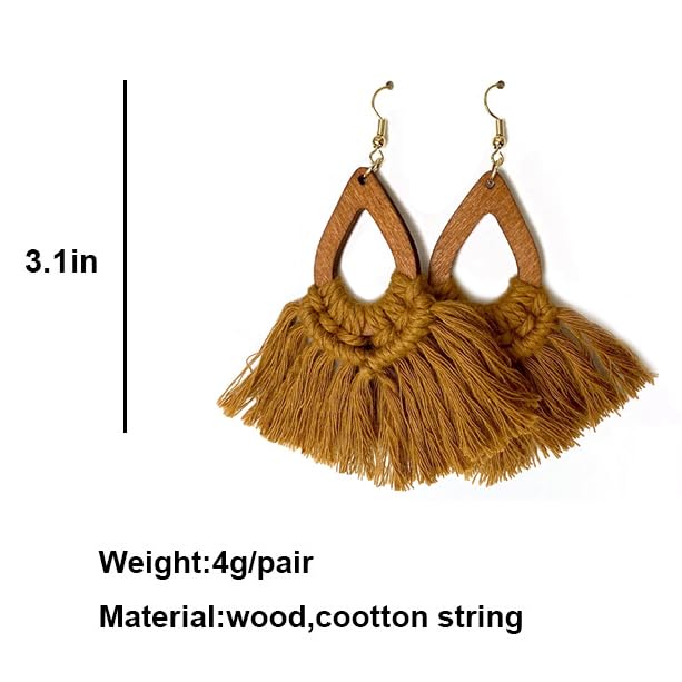 Bohemia Tassel Earrings Statement Handmade Dangle Ethnic Fringe Earrings Bamboo Weaving Geometric Square Sector Gifts for Women - color: waterdrop brown