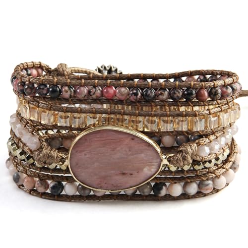 Women Wrap Bracelet Boho Natural Jasper Crystal Stone Beads Strand Bracelets - color: Style 06-Rhodonite